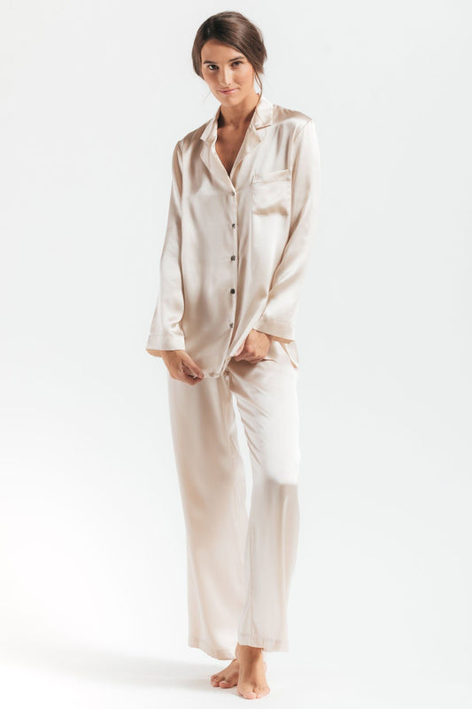 Front of model wearing Morgan Silk pajama set in champagne
