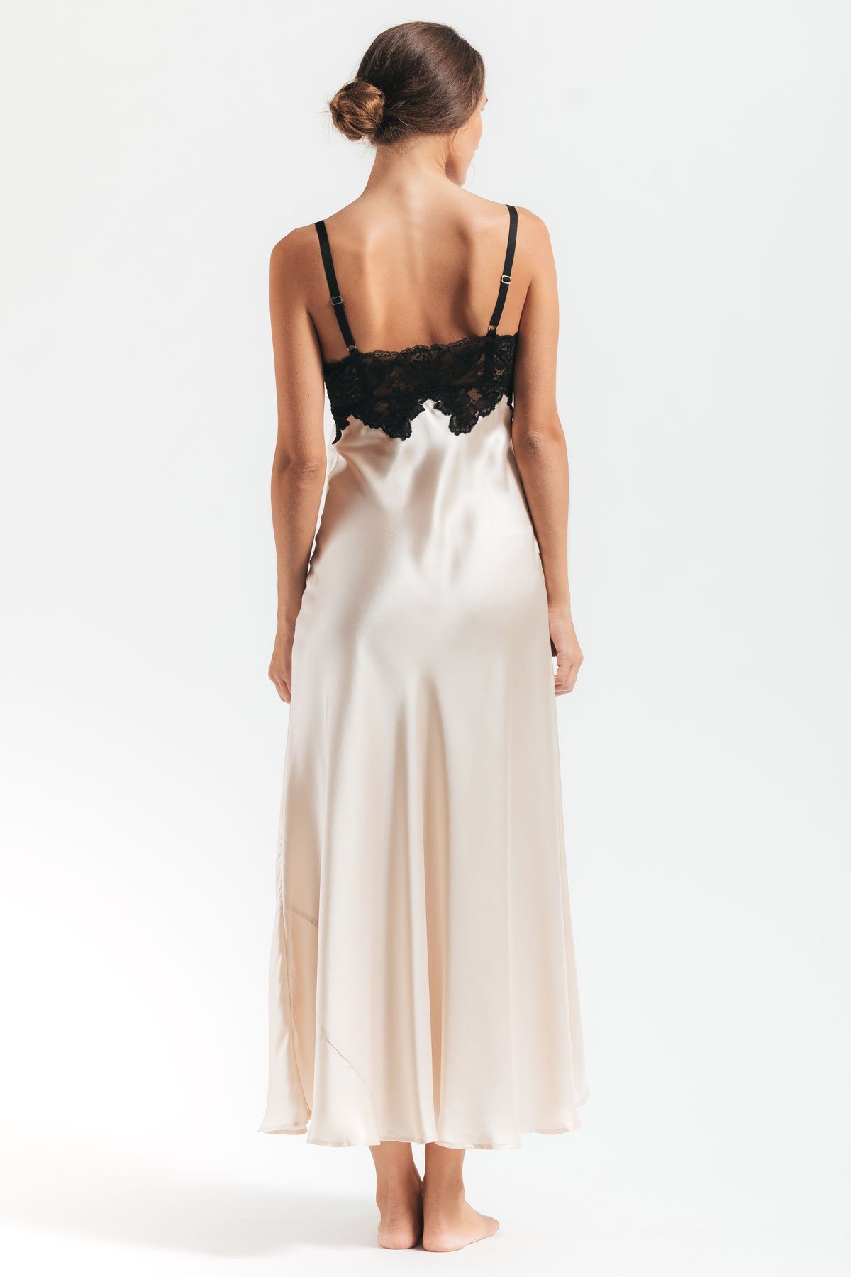 Back of model wearing Morgan vintage long silk sleeping gown in champagne