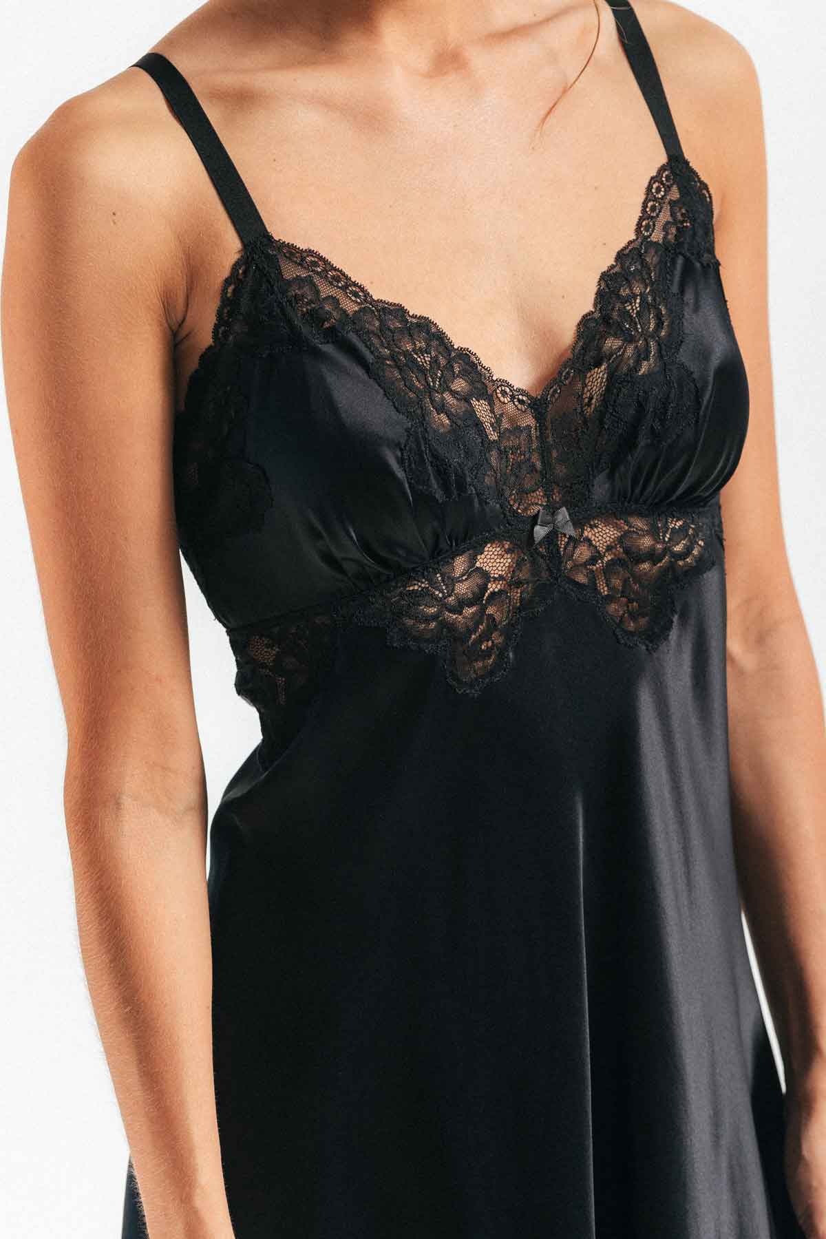 Close up of front of Morgan vintage long silk sleeping gown in black