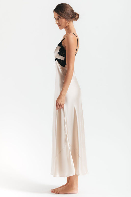 Side profile of Morgan vintage long silk sleeping gown in champagne