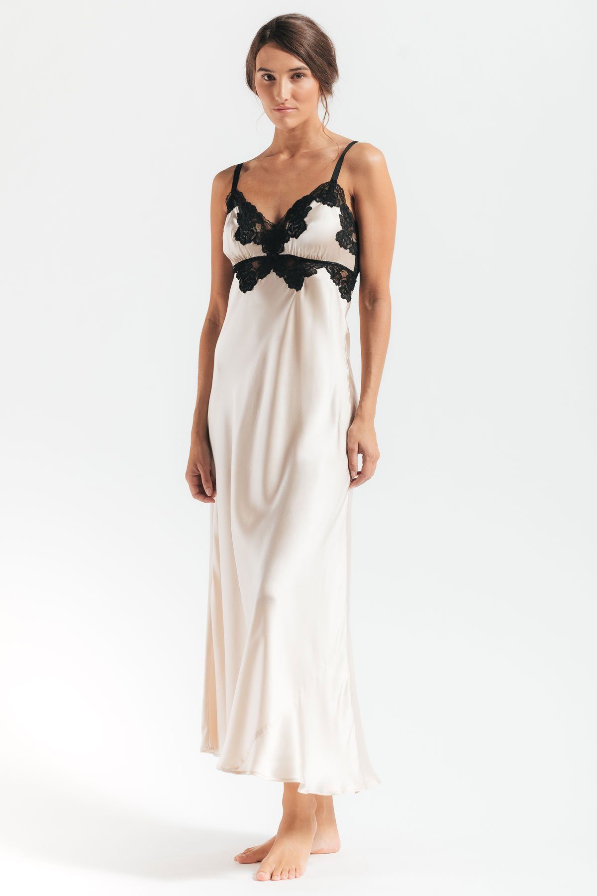 Model wearing Morgan vintage long silk sleeping gown in champagne