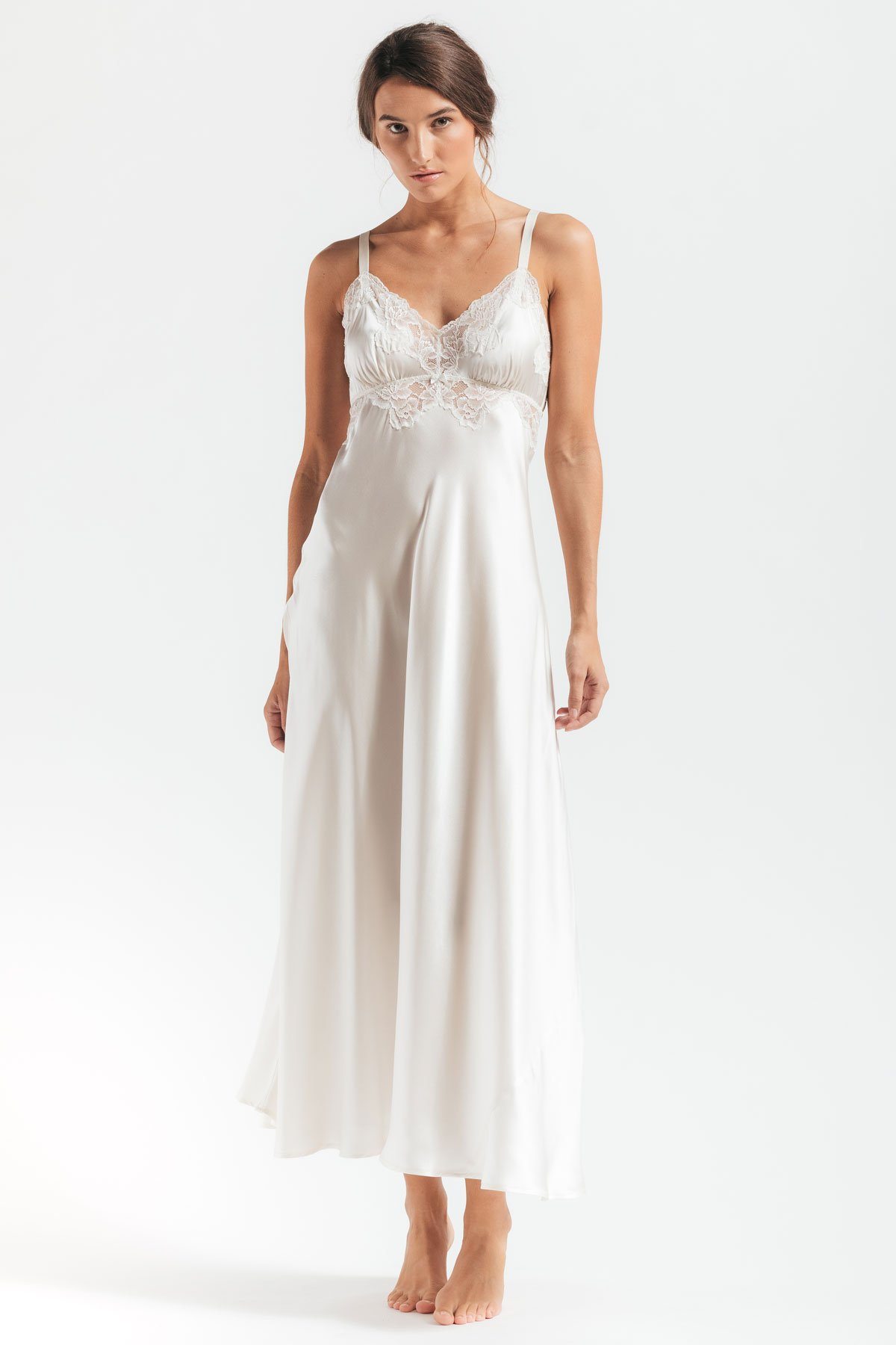 Model showcasing Morgan vintage long silk sleeping gown in ivory