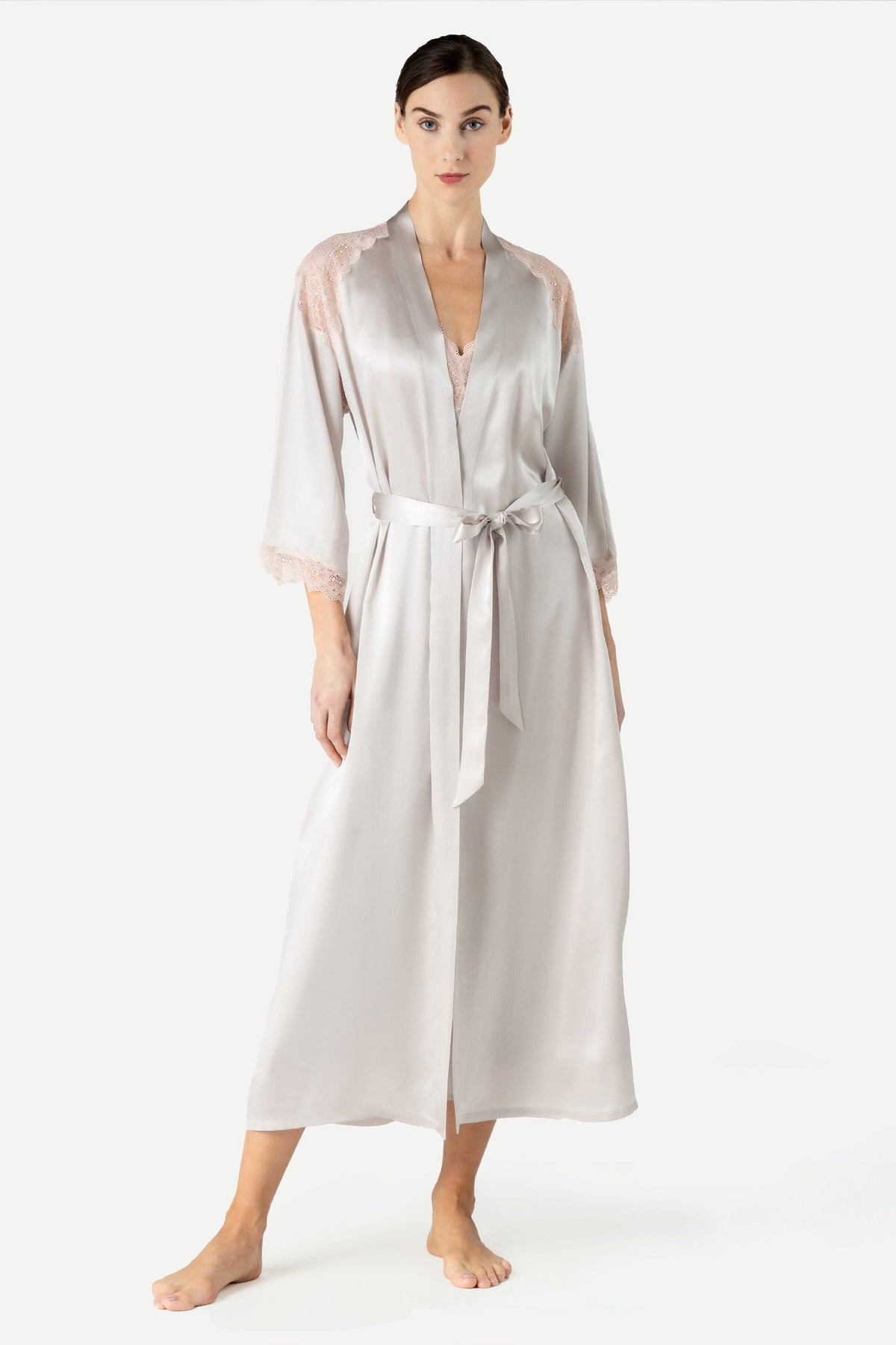 Precious Sunset Long Silk Kimono Long Robe NK iMODE Pearl Grey Grey S