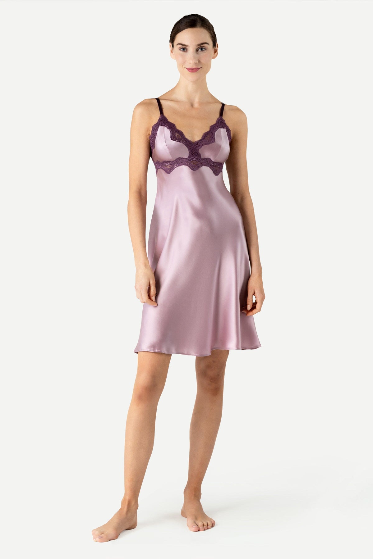Raquel Feminine Lounge Bust Support Silk Slip Chemise NK iMODE Mauve Purple XS