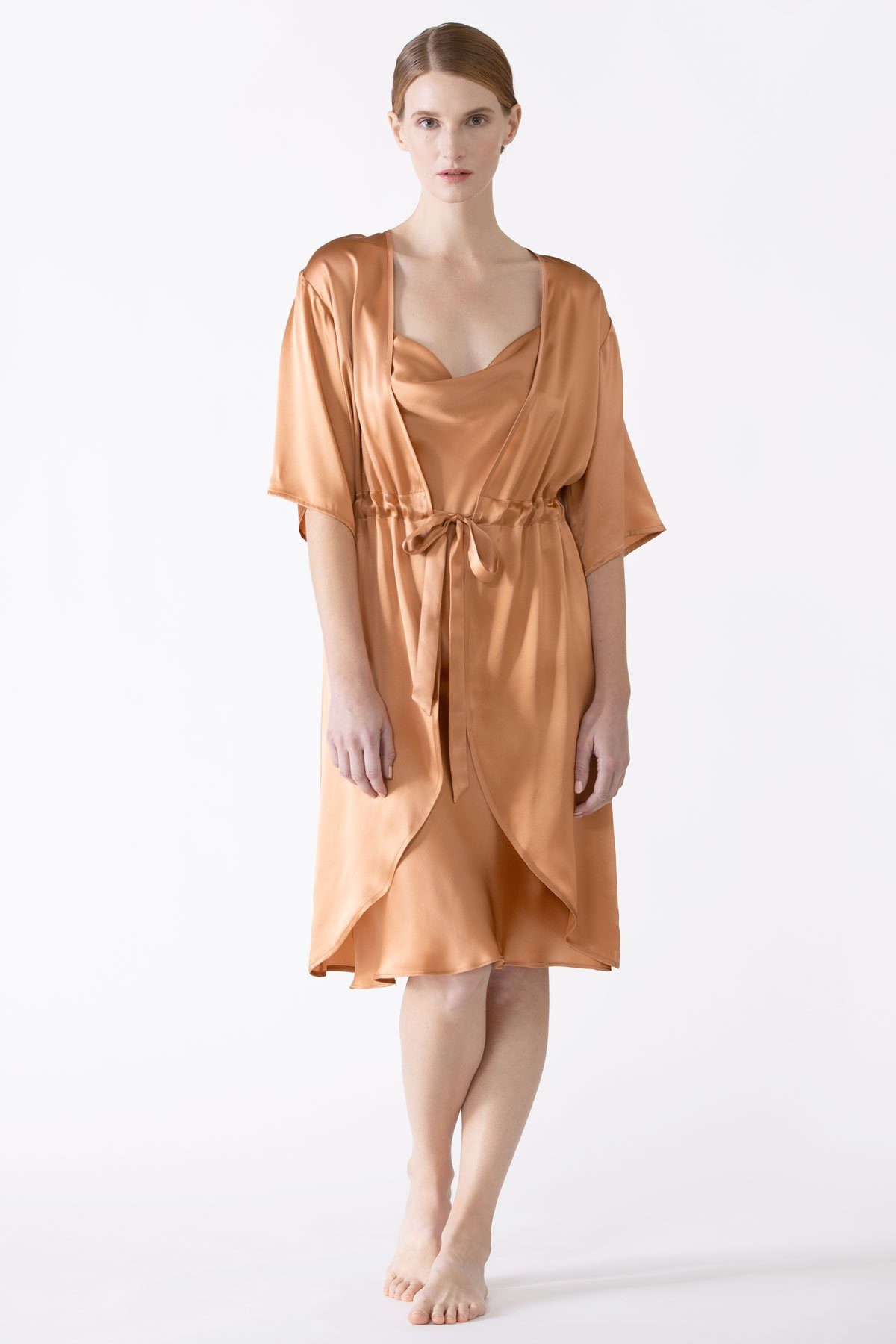 Sierra 3/4 Sleeve Front Tie Silk Robe Short Robe NK iMODE burnt-almond orange S